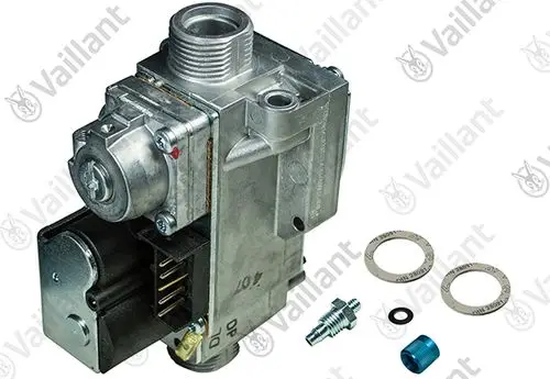 Gasarmatur von Vaillant mit mehreren Anschlussmöglichkeiten und beigefügten Dichtungen. Sichtbare Teile aus Metall, darunter ein Motor und eine Steuerplatine.